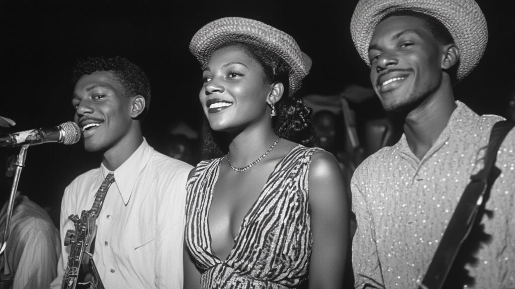 A modern artistic depiction of a calypso music band in 1940s