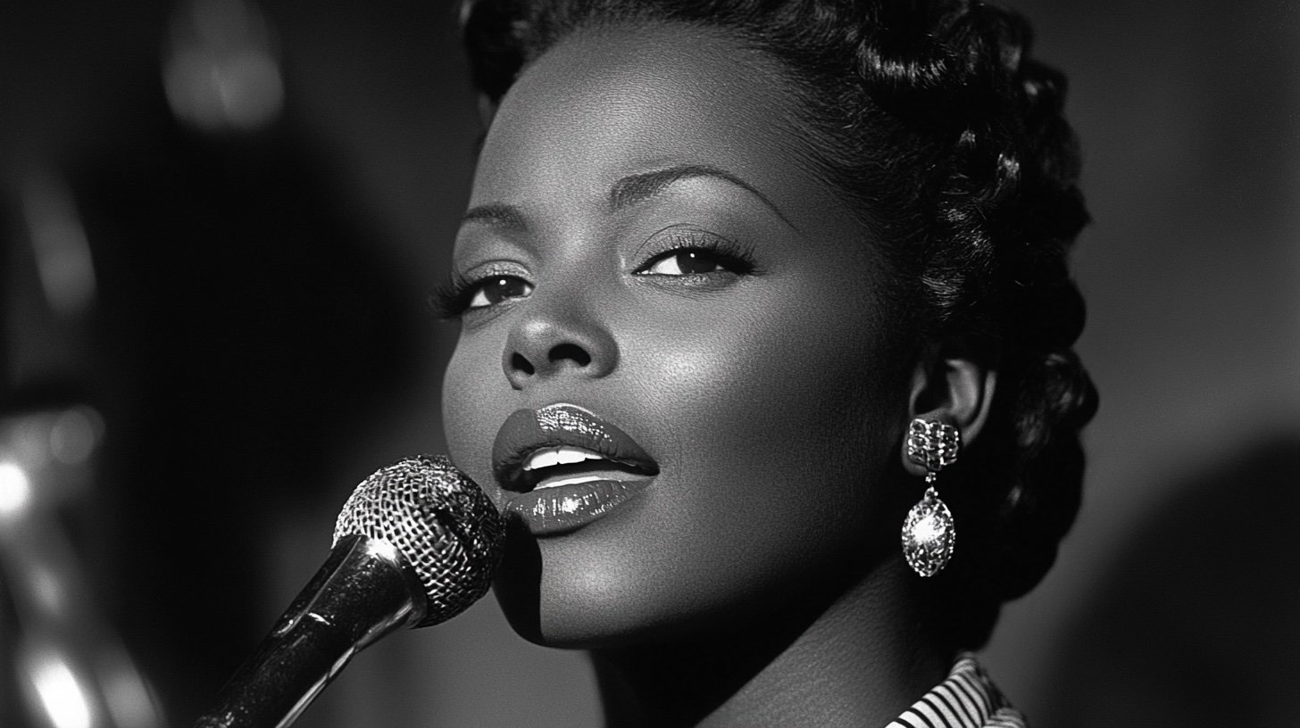 a modern artistic depiction of a calypso music singer in the 1950s