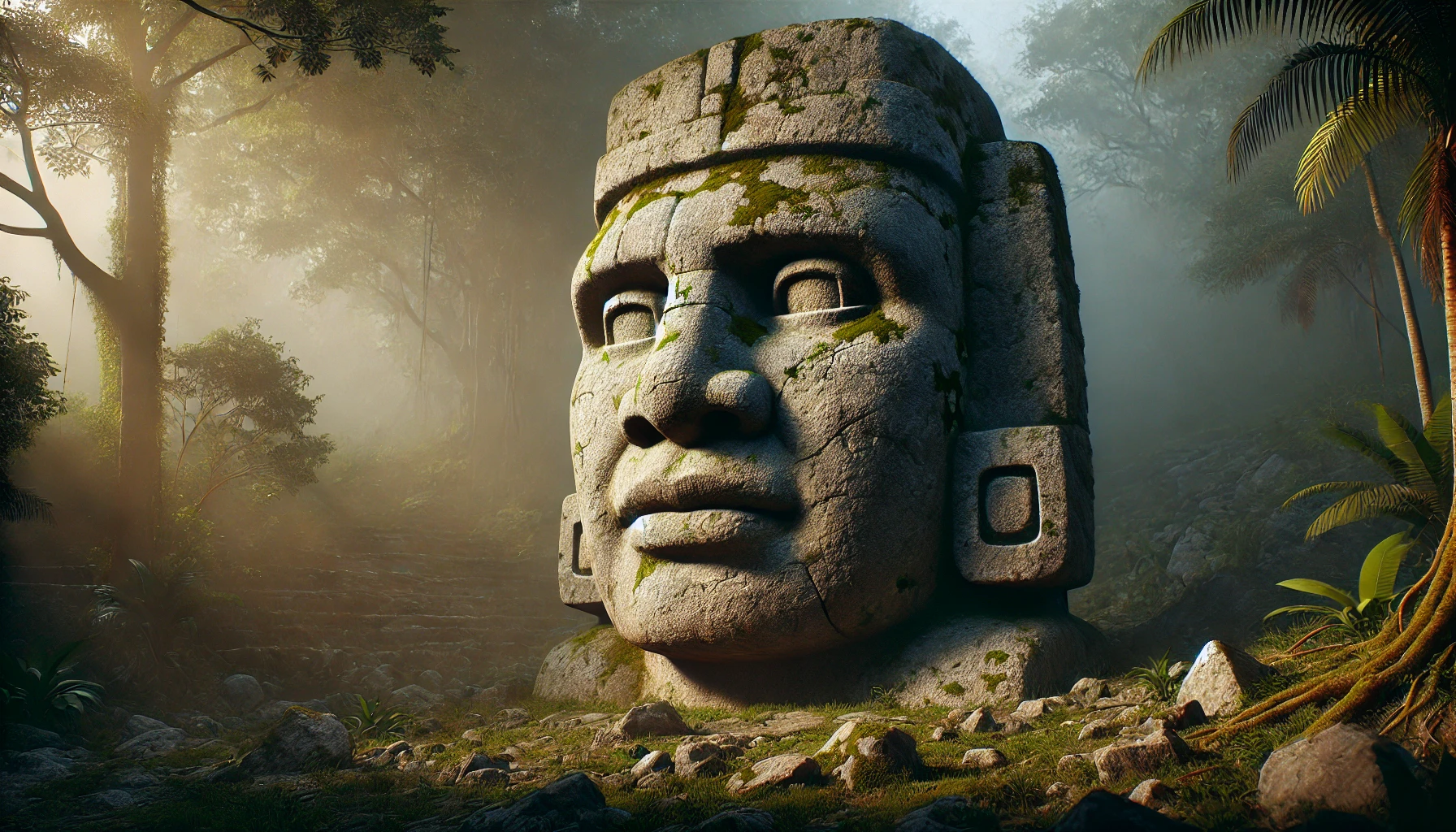 AI-generated image of a single colossal Olmec stone head in a misty jungle setting