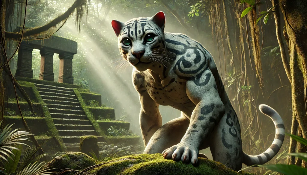 AI-generated depiction of a living Olmec werejaguar creature 