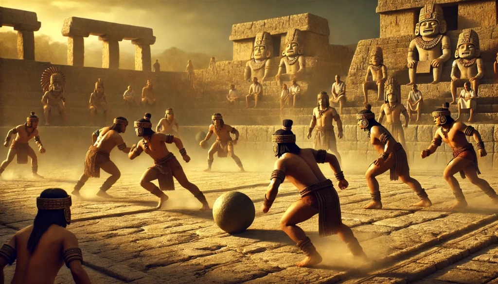 AI-generated depiction of ancient Olmecs playing a ritual ballgame