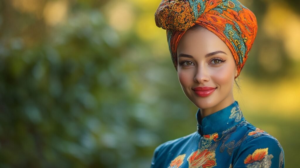 A woman wearing vietnamese ao dai and nigerian head wrap