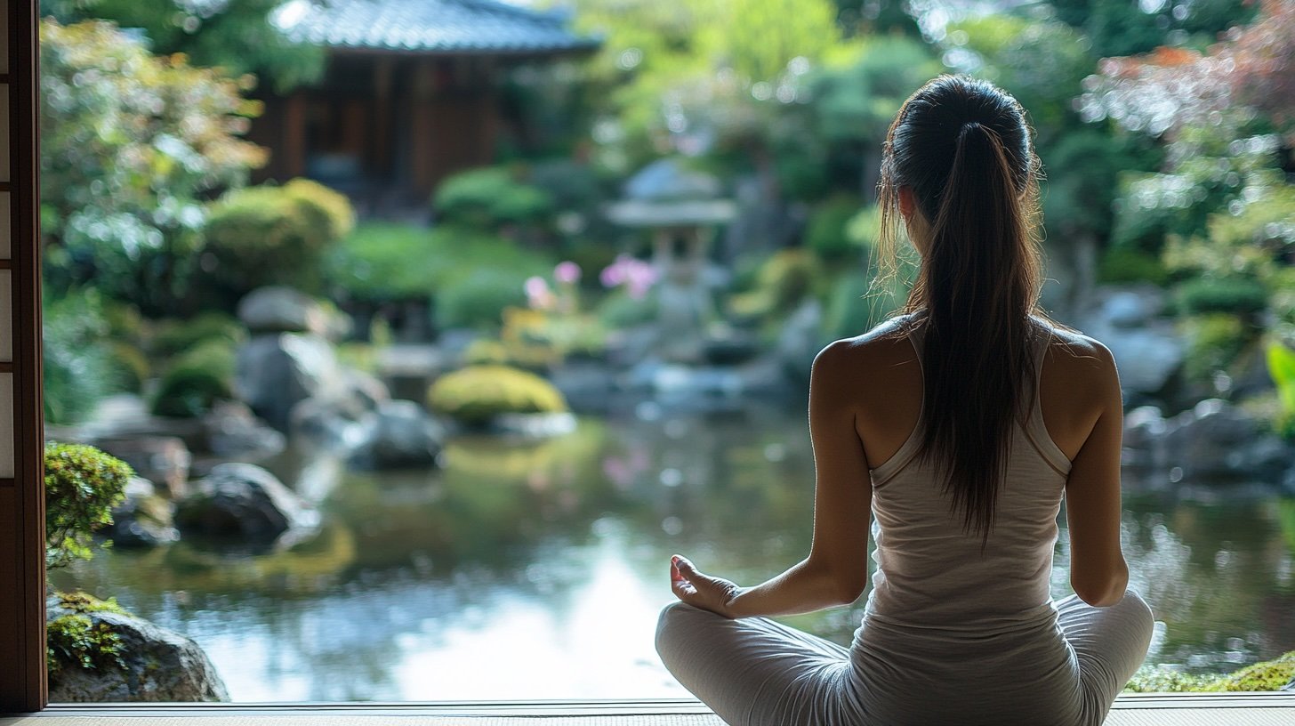Happiness. A peaceful Japanese garden with a beautiful young japanese woman meditating